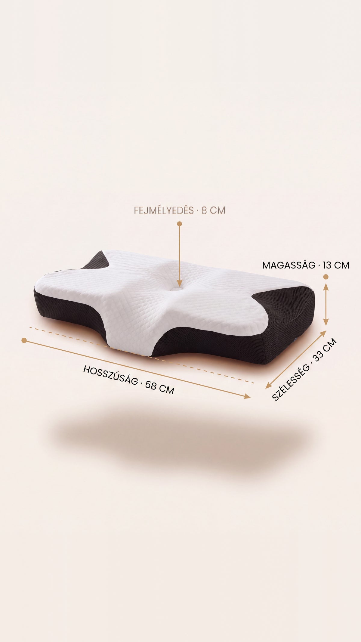 SleepX ergonómiai memóriahabos párna méretei: hosszúság 58 cm, szélesség 33 cm, magasság 13 cm a nyaktámasznál és 8 cm a fejmélyedésnél